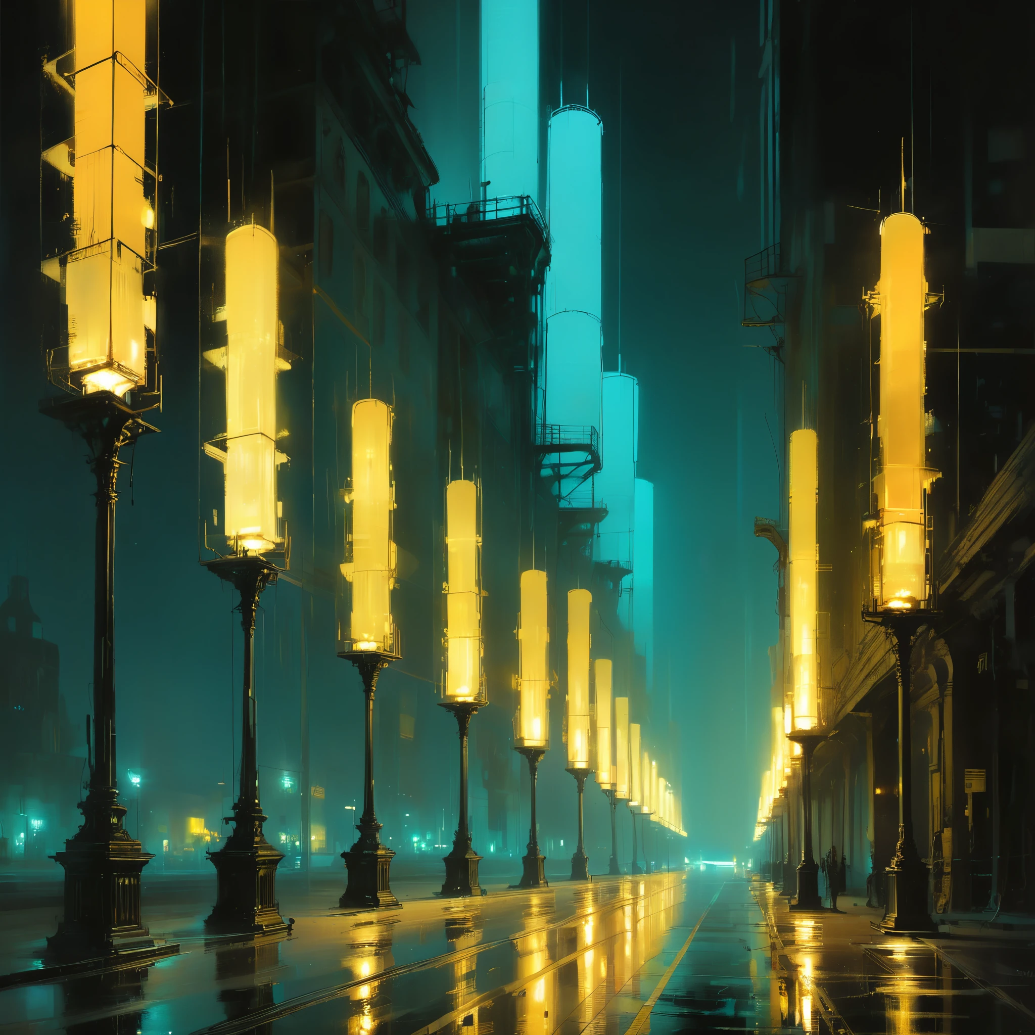 in style of Jeremy Mann,in style of Boris Groh,
lamp column effect,glow array,neon light column array,All the arrays are lined up in a row,using the vanishing point composition method to go into the distance,