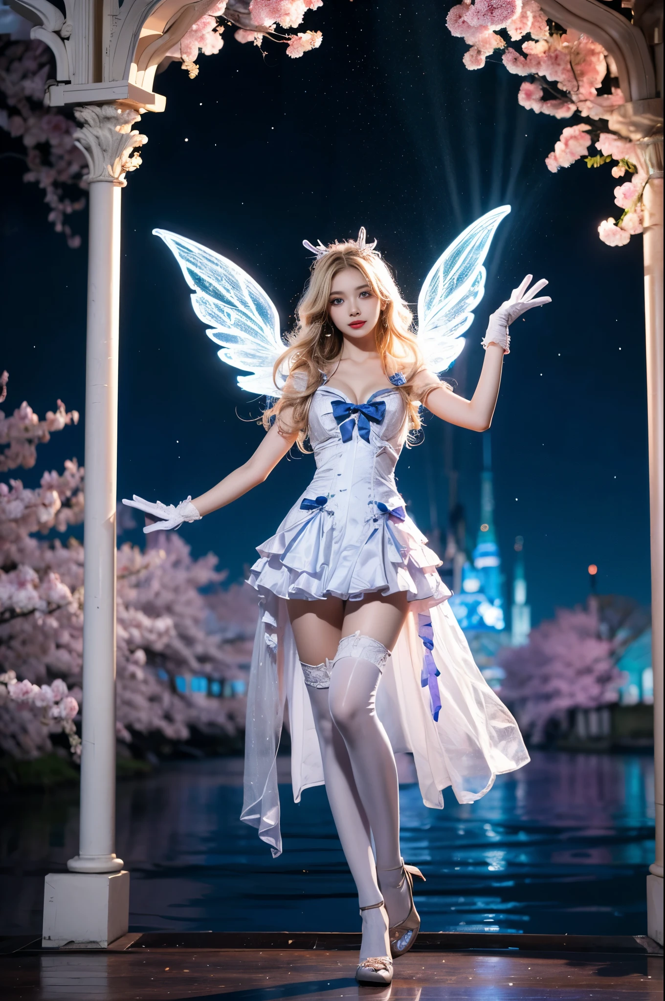 bionde_hair,white_gloves,dress,Blue_eyes,thighhighs, Beautiful dance dynamics, Long legs , ((Flowing long hair))Official Art , Unity8k Wallpaper , pond, Extremely detailed , Visible cleavage, Pretty and beautiful , 性感Long legs, masterpiece , best quality ,Practical, Very detailed illustrations ,Extremely detailed , Intricate details , Extremely complex and detailed , Very detailed 8KCG wallpaper , Caustics .reflection , Ray Tracing , Devil theme ,nebula ,Dark aura, Network Effects , (1 girl)solitary , (Blue plasma flame , Pastel tones in Rococo style ,Light white and light dark red , Incredibly beautiful , Cherry blossoms , Surrealism ,painting , Ethereal , Mixing reality and fantasy elements ,Ray Tracing , Complex Mode , Exquisite lines , Perfect your hands, Starry Sky , Colorful , Star