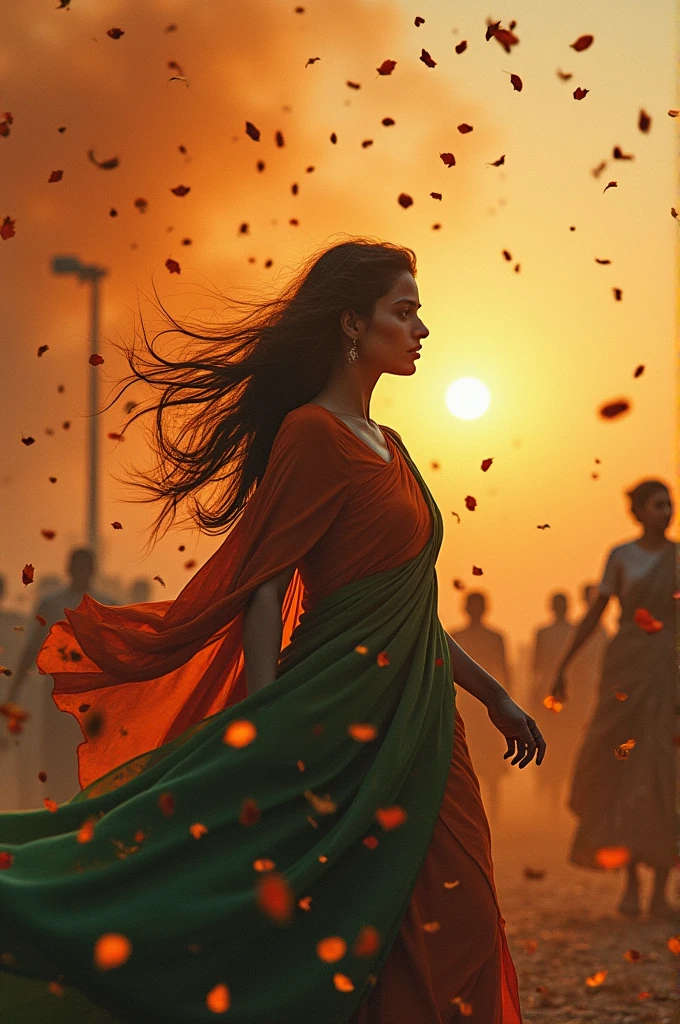 create an image with the celebration of indian independence in front and rape and killing of woman in back