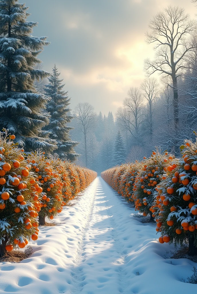 Citrus orchard in the snowy forest

