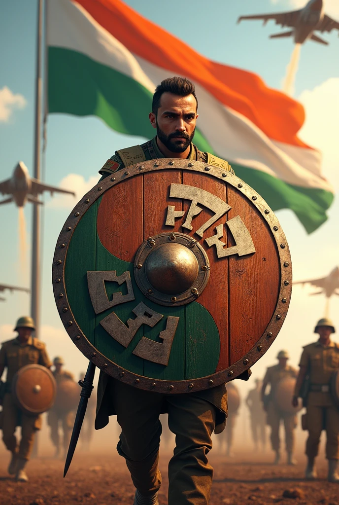 Wooden based shield, first layer of Indian flag colored alphabet "Shankar" with flying Indian flag, soldiers and airforce jets