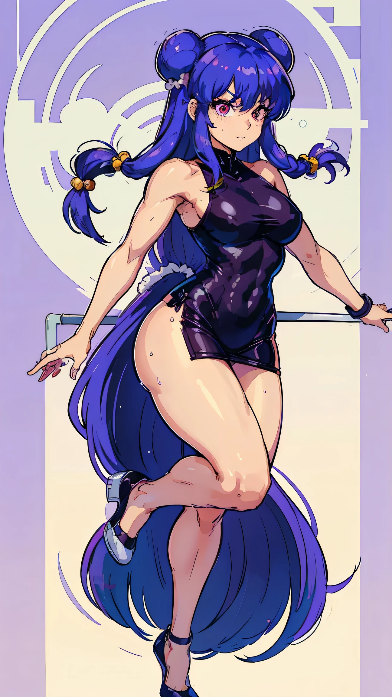 shampoo, Ranma 1/2, , bun head、Purple wide fur, double tail、 . Fitness, muscular, shredded abs, thick thighs, thick calves, sexy legs, thicc thighs, large hips, thin waist, small breasts, high heels sneakers, full body, thick legs, long legs. gesugao, evil smile, red eyes, sadistic, sexy, sweating, sweat, tonned body, perfect body, beautiful woman, teasing, full body shot, standing on both feet, extremely long legs, athletic, super sexy, teasing, cute, shy, evil, gesugao, high detailed, masterpiece, latex, super thight mini dress, full body shot, view from below, big round ass