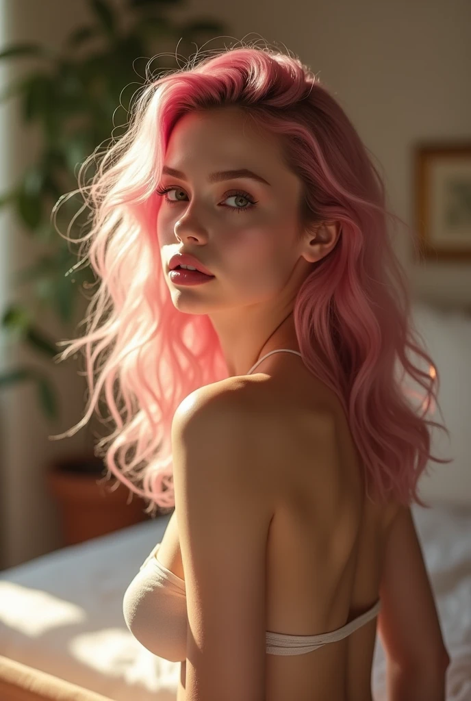 (((ultra realistic))) Photo, masterpiece, top quality, (pale skin), (Ultra detailed face and eyes:1.3), 1 girl, Adult, In Lifchik, ((Eye makeup, pink mascara)), ((large detailed lips)), ((pink wavy hair)), ((Chyolka)) , (Natural breasts), Slim waist. ((Posing)), photoshoot, studio (contour lighting), (The play of light and shadows), depth of field, bokeh, (special attention to skin detail: 1.2), Detailed leather texture, skin pores. (Light atmosphere of the frame. Color range - delicate, Bright, Yellow tones), UDR, ((Film grain)), ((rays)), (Glare), ((Photo from the back)) , ultra detialed,  nude full body armpit having sex with boyfriend open legs 