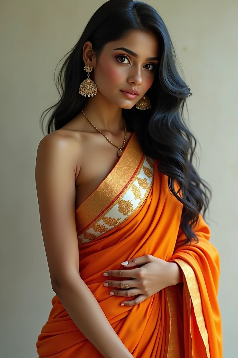 1girl,India girl,wearing saree, wearing earrings,big ,big ass,black hair,hyper realistic, ultra detail, high res, Very large boobs, saree colour Orange white cream. Would be very specific hair should be very long