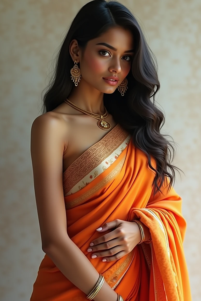 1girl,India girl,wearing saree, wearing earrings,big ,big ass,black hair,hyper realistic, ultra detail, high res, Very large boobs, saree colour Orange white cream. Would be very specific hair should be very long