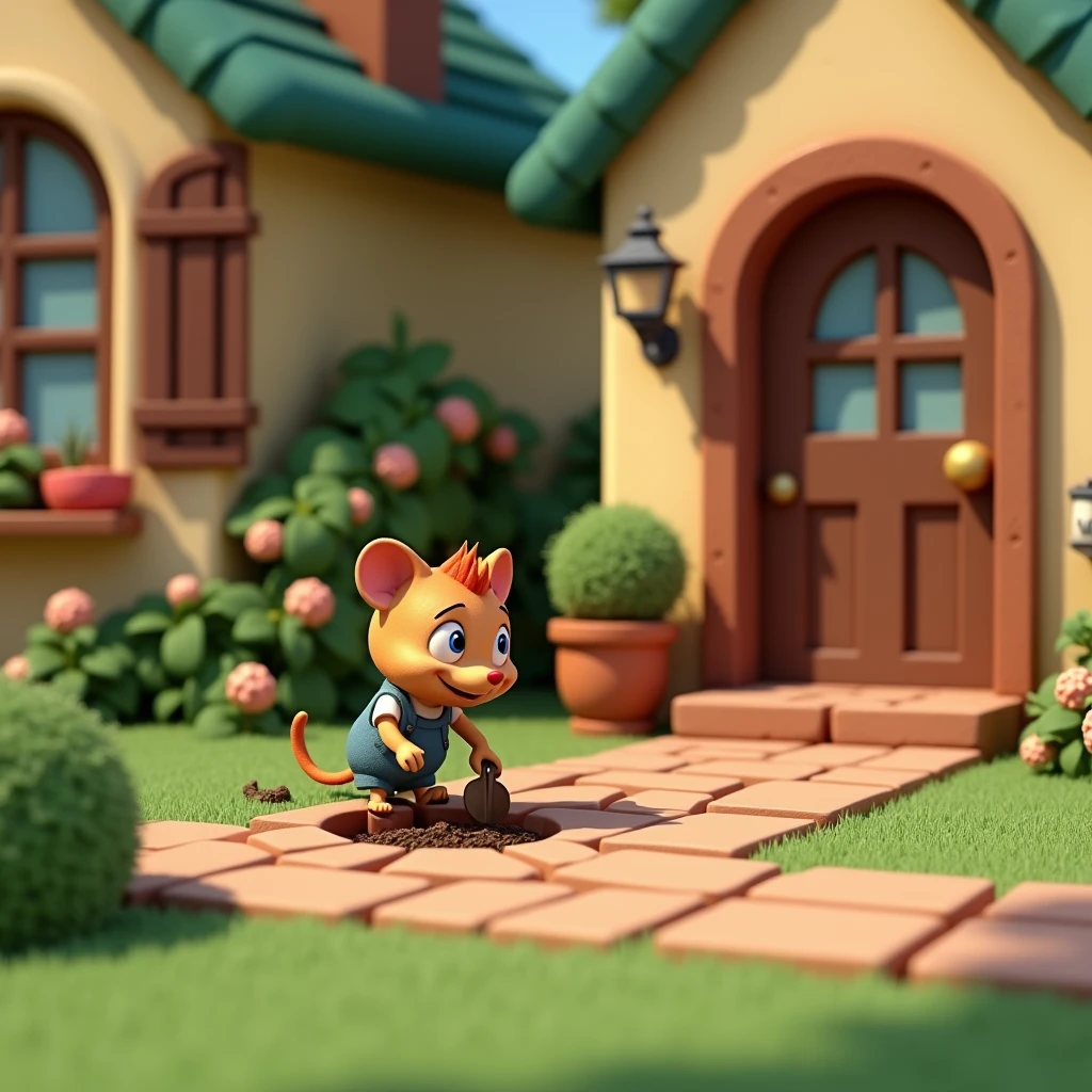 3d animation style 
Minni digging a small pit near the entrance of the house, planning her counter-trap.


