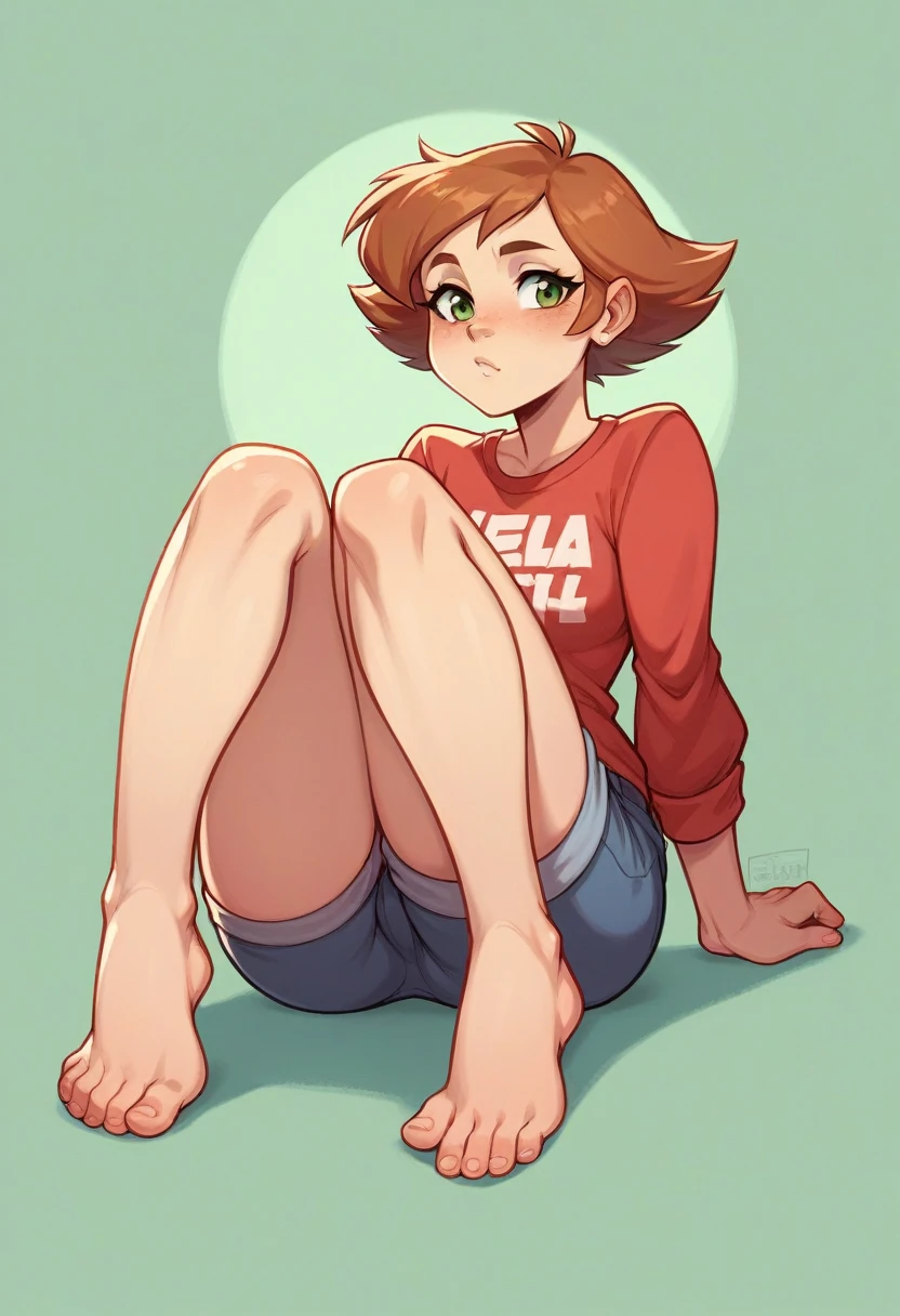 cartoon of a girl sitting on the ground with her feet crossed, her foot sticking out, rebecca sugar, cel shaded:15, madeline from celeste, cel - shaded art style, brittney lee, a character based on a haggis, cel-shaded:15, character is in her natural pose, bare foot, inspired by Puru, cel shaded!!!