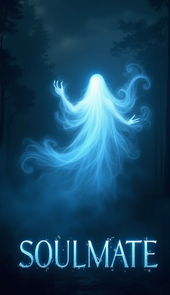 There is a title "SOULMATE" ((ghosty, fantasy)) written between ((blue and white magical ghost in the air)). There is a black dark night, some ghosty atmosphere, magical smoke in the air. A 3D, fantasy, adventure, realistic and aesthetic poster.