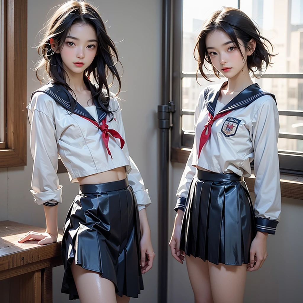 (Realistic:1.5), (masterpiece、Extremely detailed 8K CG、Sharp lines:1.2)、high school girl、Black-haired、Thighs Thighs Thighs Thighs、Beautiful Anime 、Smooth anime CG art、Beautiful Anime 、Beautiful Anime girl, (Beautiful girl at 10 years old:1.4), Detailed skin, (Glowing Skin:1.6)、short hair、Beautiful black hair、Brown eyes、(A lot of sweat:1.2), (Flat Chest:2.2), (Inner thighs), (Emaciated:1.6), (Latex School Uniform:1.7), (Sailor suit:1.6), (Dark blue pleated skirt:1.6), (whole body:1.4), alone, (one person's:1.4), Are standing, (Look Away 1.3), (From below:1.5), In the classroom, (blush:1.5), (Frowning:1.7), (Spread your legs:1.4), Open your mouth, (Clear drool overflows from his mouth and drips down his chin.:1.5), (Half closed eyes:1.3), (Sweat flows from the pubic bone:1.4), (Are crying:1.0), (Leaning forward:1.4), (Many tentacles are wrapped around her:1.5), (Tentacles in pussy:1.5), (Short sleeve:1.2)