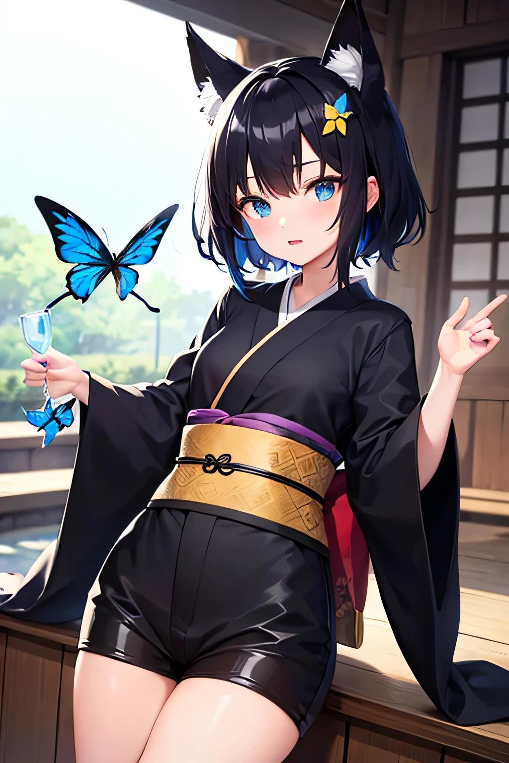 1 person,Black Hair,About,Fox ears,kimono,Shorts,Unknown gender,Blue-green eyes,Slightly tanned skin,Blue butterfly motif