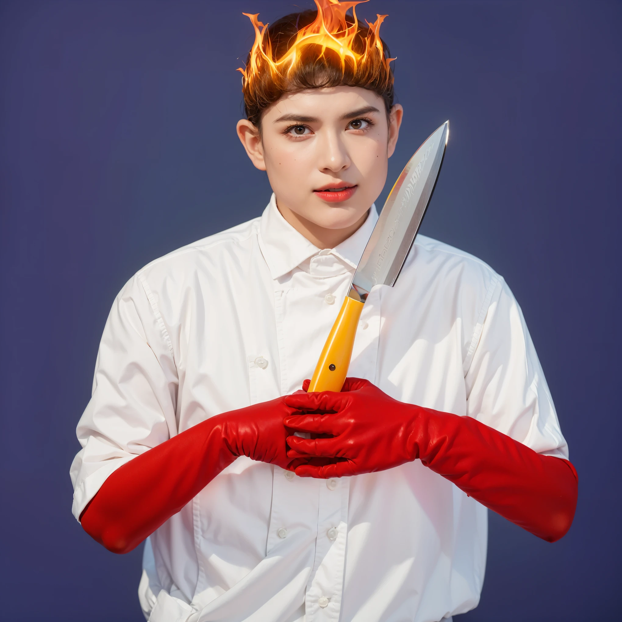 This compelling image features a young man dressed in a crisp white shirt, his hands gloved in red, clutching a large chef's knife. The most striking element is the fiery crown of orange and yellow flames atop his head, suggesting intensity and a perhaps volatile nature. His face, marked with a serious expression, hints at focus or determination, possibly in a culinary or metaphorical context involving passion and energy. The bold contrast of the blue background enhances the vibrancy of the flames and the vividness of the red gloves, creating a dynamic visual metaphor. The purple background complements the costume, creating a vibrant and engaging scene. (glossy plastic texture with multiple big light probe refractions), perfect cgi, smooth silhouette, high intensity refraction, (super glossy plastic material), most beautiful vfx, , realistic, 4k, high resolution, rim light, smooth 3d model, multiple light sources, rim light, sharp post effects render,, realistic, 4k, high resolution, rim light detailed digital art, reflective, best quality, 4k, masterpiece:1.2, ultra-detailed, realistic, vivid colors, The image of the highest quality, ensuring every detail showcased perfectly. It in 4k resolution, allowing viewers to immerse themselves in the richness of the colors and intricate details. The realistic rendering. under the spotlight, reflecting, high-resolution image, realistic rendering