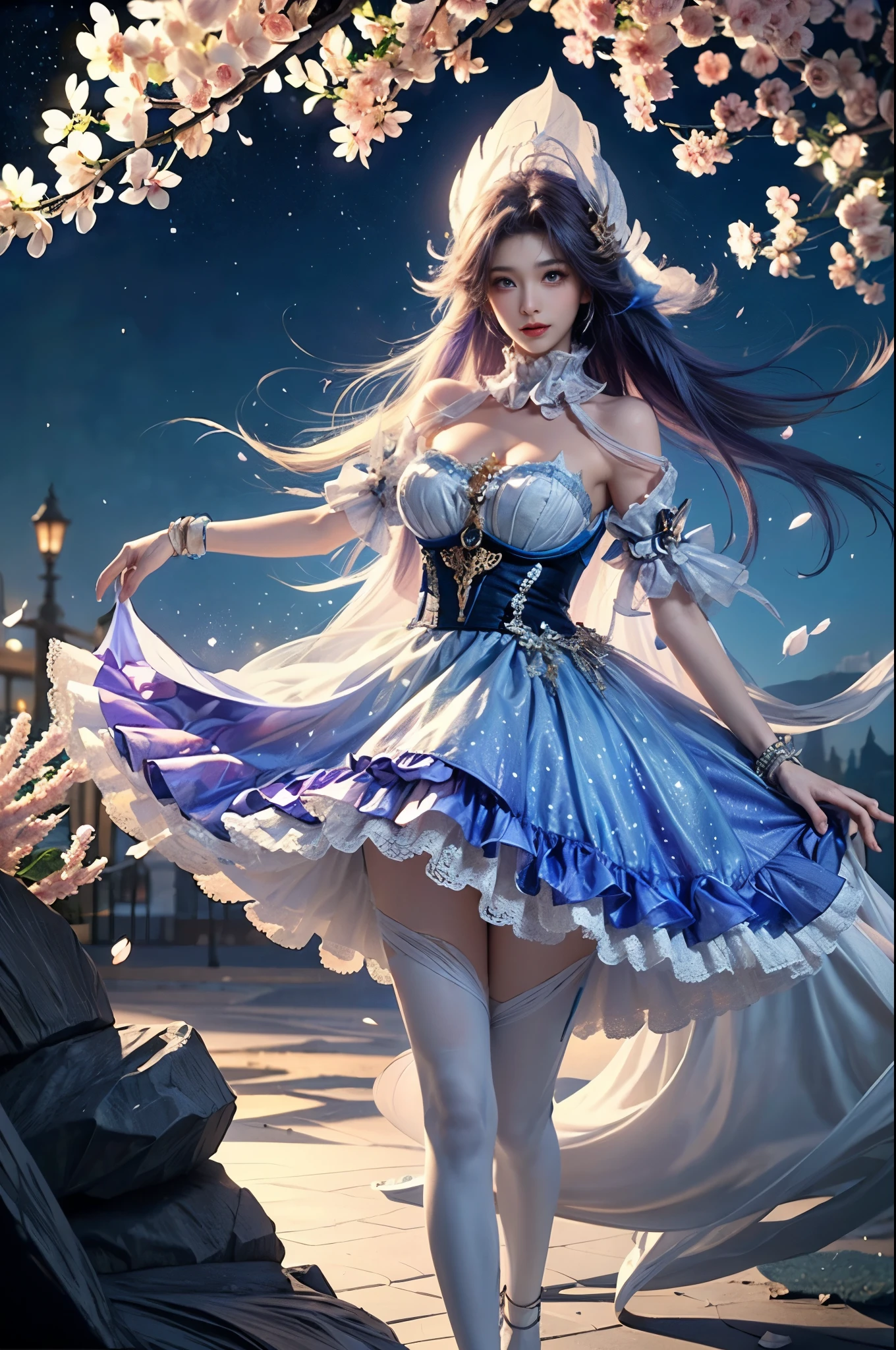 , Beautiful dance dynamics, Long legs , ((Flowing long hair))Official Art , Unity8k Wallpaper , pond, Extremely detailed , Visible cleavage, Pretty and beautiful , 性感Long legs, masterpiece , best quality ,Practical, Very detailed illustrations ,Extremely detailed , Intricate details , Extremely complex and detailed , Very detailed 8KCG wallpaper , Caustics .reflection , Ray Tracing , Devil theme ,nebula ,Dark aura, Network Effects , (1 girl)solitary , (Blue plasma flame , Pastel tones in Rococo style ,Light white and light dark red , Incredibly beautiful , Cherry blossoms , Surrealism ,painting , Ethereal , Mixing reality and fantasy elements ,Ray Tracing , Complex Mode , Exquisite lines , Perfect your hands, Starry Sky , Colorful , Star