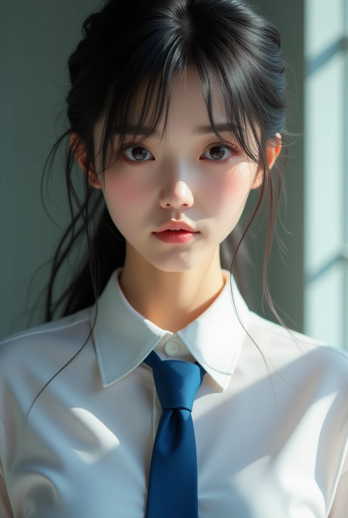 Realistic photo,There is a woman wearing a blue tie and a blue shirt., Chiho, shikamimi, My motto is Teshirogi, Yoshitomo Nara, kimi takemura, Yasumoto Oka, Ishida Sui with black hair, Kotegawa Yui, narumi kakinouchi, Portrait of Mayuri Shiina,Detailed face and body, Natural light, High resolution, photoRealistic, (Highest quality,8k,High resolution,masterpiece:1.2),Very detailed,(Realistic,photoRealistic,photo-Realistic:1.37),Realistic skin texture,Fine eyes and lips,Beautifully detailed face,Long eyelashes,Smooth Skin