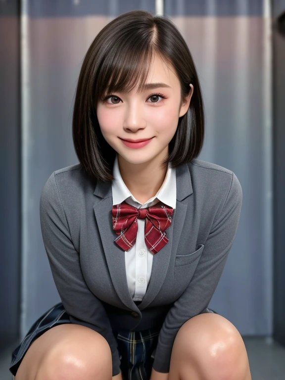 (kawaii 18 year-old Japanese girl is squatting on the floor, reaching two arms for one's knees, Nogizaka idol, Korean idol), healthy female athlete body, (glossy black hair, short hair, pixie cut, bangs:1.3), (rounded face, pure black eyes, single eyelid, no makeup, best smile:1.2), (wearing Japanese school uniforms, blazer jacket, collared shirt, bow tie:1.3), extra small breasts, (plaid skirt, bare thighs visible:1.3), BREAK, (simple grey background:1.3), (dynamic angle, cowboy shot, thigh focus:1.2), BREAK, (masterpiece, best quality, photo realistic, official art:1.4), (UHD, 8K quality wallpaper, high resolution, raw photo, golden ratio:1.3), (shiny skin), professional lighting, physically based rendering, award winning, (highly detailed skin, extremely detailed face and eyes, anatomically correct body), Carl Zeiss 85 mm F/1.4, depth of field, 1girl, solo,