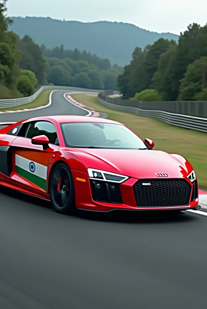 Audi R8 on race track in red colour with India Flag on whole doors