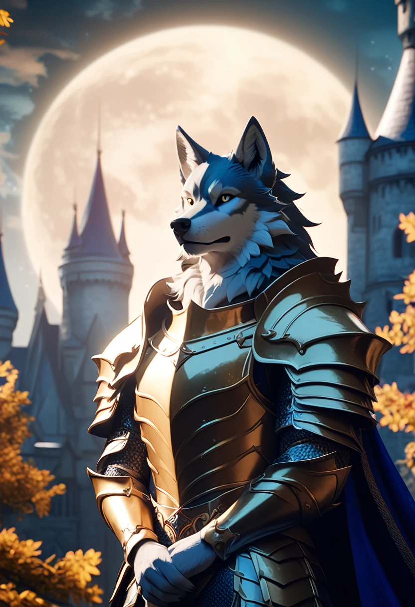 wolf in regal knight armor, 4k, hd, handsome, castle background with moon in the sky