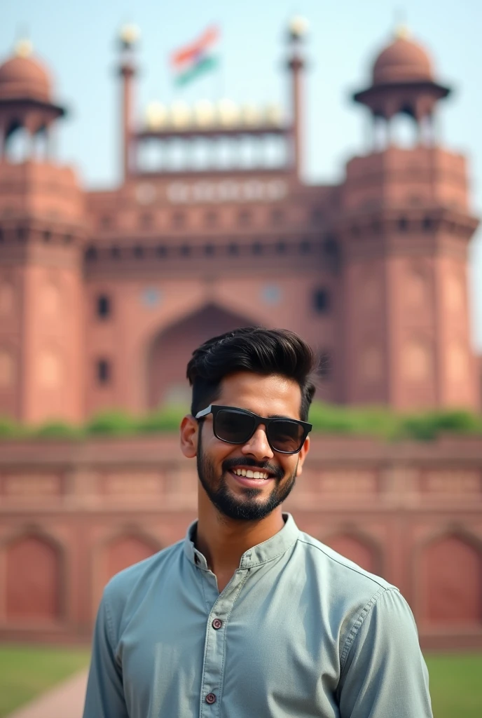 Indian young boy with beard & sunglasses noraml shart independence day lal kila