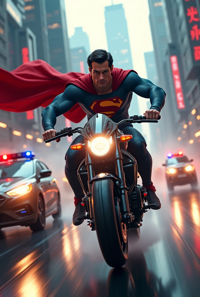 a muscular superhero, superman, riding a futuristic motorcycle, speeding through a city chase, chased by police cars, no helmet, ultra-detailed, 8k, masterpiece, cinematic lighting, dramatic action pose, photorealistic, vibrant colors, volumetric lighting, intricate details, motion blur, hyper-realistic, dramatic angle