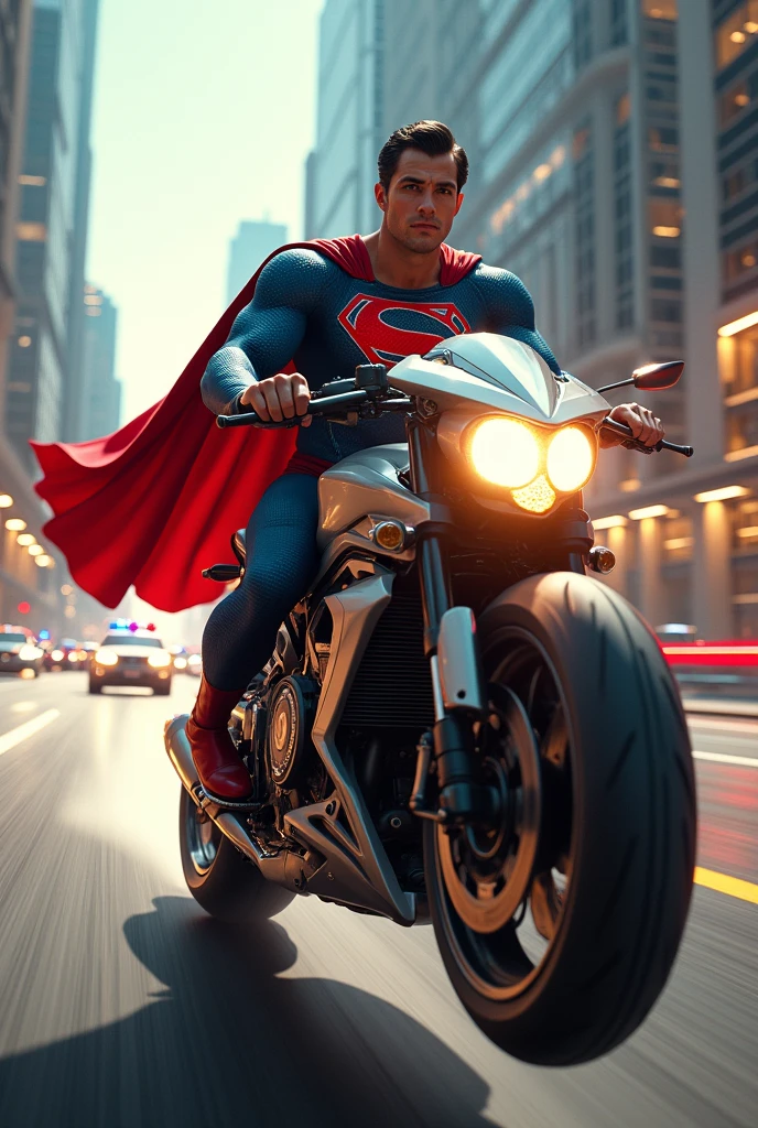 a muscular superhero, superman, riding a futuristic motorcycle, speeding through a city chase, chased by police cars, no helmet, ultra-detailed, 8k, masterpiece, cinematic lighting, dramatic action pose, photorealistic, vibrant colors, volumetric lighting, intricate details, motion blur, hyper-realistic, dramatic angle