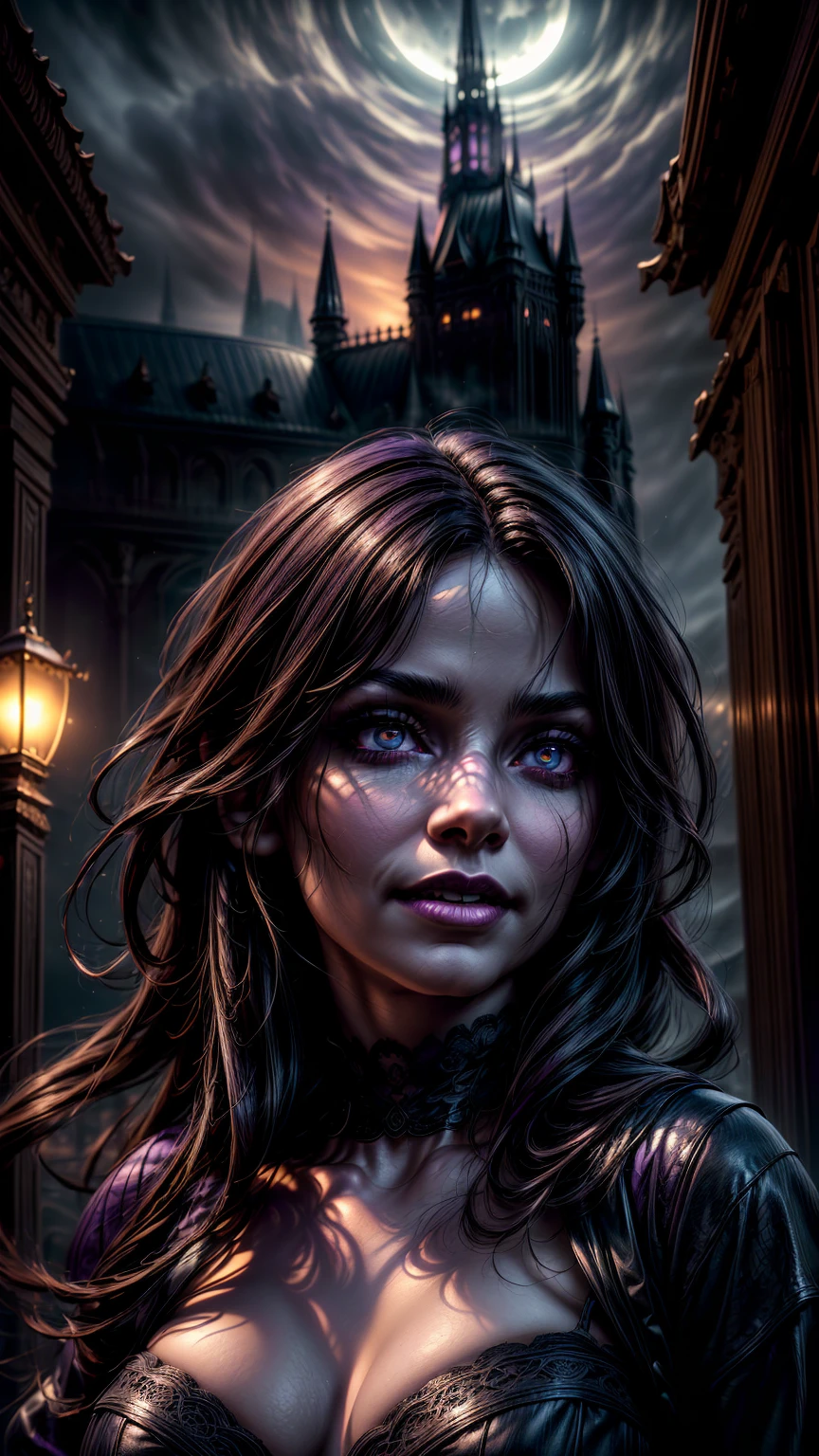 a mysterious foggy city, with a demon smiling in the sky, beautiful detailed eyes, beautiful detailed lips, extremely detailed eyes and face, long eyelashes, dark fantasy, cinematic lighting, vibrant colors, volumetric fog, dark moody atmosphere, intricate architecture, gothic spires, crumbling buildings, eerie glowing eyes, dramatic shadows, moody blues and purples, dramatic lighting, digital art, concept art, award-winning, (best quality,4k,8k,highres,masterpiece:1.2),ultra-detailed,(realistic,photorealistic,photo-realistic:1.37)