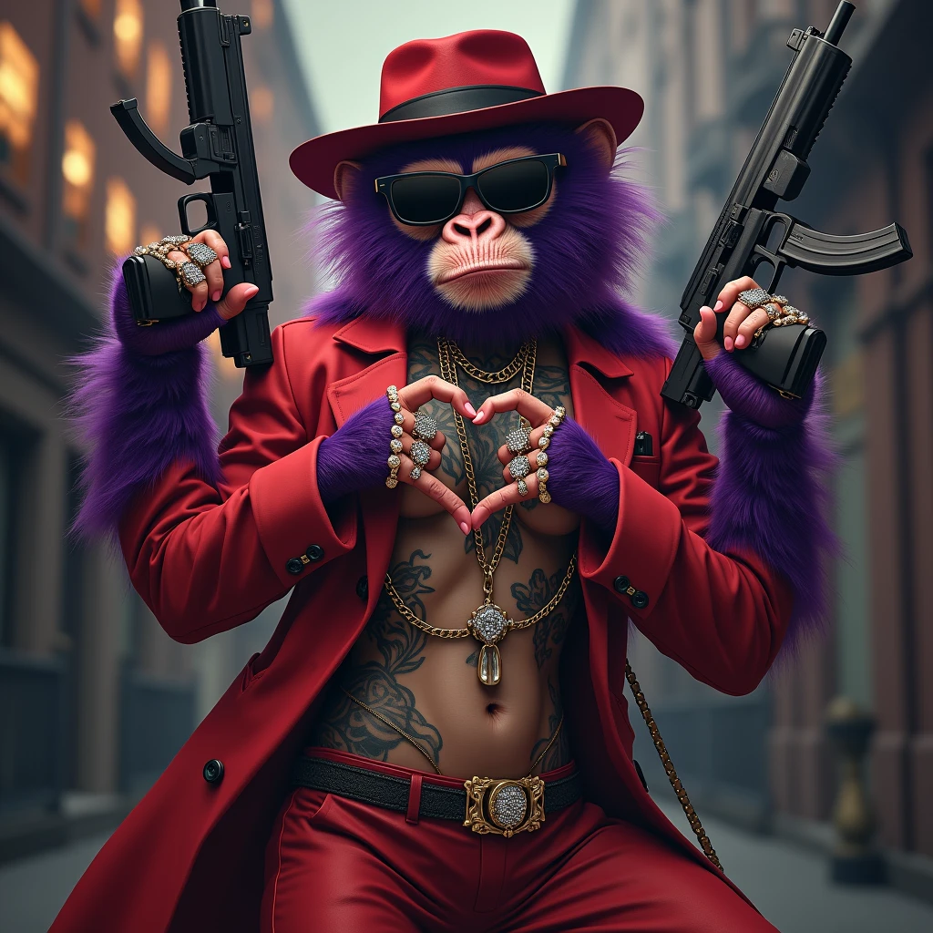 1 purple female monkey, With giant and high-caliber weapons, with a red gangster suit with chains, hat and glasses, tattooed, with huge diamond and gold rings, smoking with a pipe, making a heart with both hands