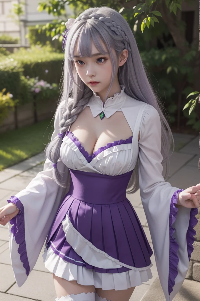 Lezero Emilia, Emilia, Braiding, Crown Braiding, flower, Hair Flower, hair ornaments, ヘアribbon, Long Hair, Pointed Ears, (Purple eyes:1.2), Gray Hair, X hair ornaments,
Break Detach Color, Removable sleeves, Frills袖, Frills, Long sleeve, ミニskirt, プリーツskirt, ribbon, skirt, Thighs Thighs Thighs Thighs, 白いskirt, White sleeves, White knee-high, Wide sleeves, zettai ryouiki,
break outdoors, city,
break looking at viewer, break (Tabletop:1.2), Highest quality, High resolution, unity 8k wallpaper, (figure:0.8), (Beautiful attention to detail:1.6), Highly detailed face, Perfect lighting, Highly detailed CG, (Perfect hands, Perfect Anatomy),Cleavage