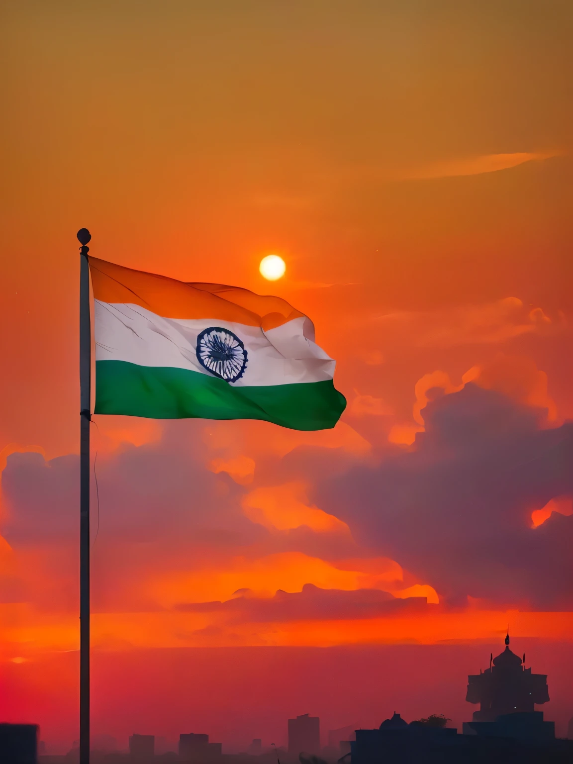 arafed flag flying in the wind with a city in the background, indian flag, india, indian, tricolor background, trending ,, flag in his right hand, 🚿🗝📝, with the sun shining on it, accurate depiction, indi sulta, by Jitish Kallat, the sun shines in, hd wallpaper, high quality image