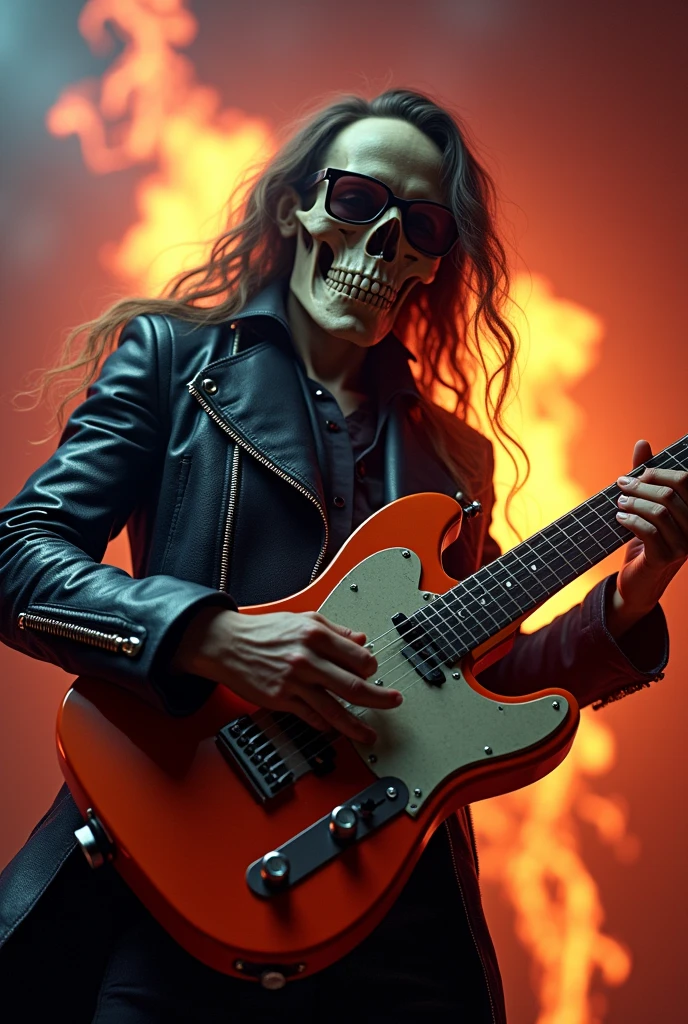 A background with a guitar and a skull representing rock and a hot dog to represent my hot dog company or rock dog