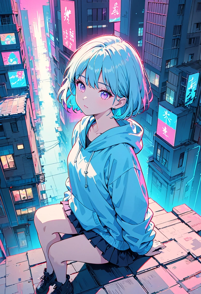 masterpiece,Highest quality,1 Synthwave style girl,Blue outline,Neon lit street,Blue fluorescent paint,alone,From above,Cowboy Shot,Sitting on the roof of a building,Highly detailed CG,Flat Color,Limited edition palette,No Line Art,silhouette,Partially colored,Alternative color,Dynamic Angle,Blue long top champagne,Purple Shadow,Synthwave,chromatic aberration,(alone focus),Perfect Shadow,Wearing a light blue hoodie,Delicate face,,Beautiful and delicate eyes,Light blue hair,Short Bob Hair,Delicate background,Blue Neon Light,Around 15 years old,About 150 tall