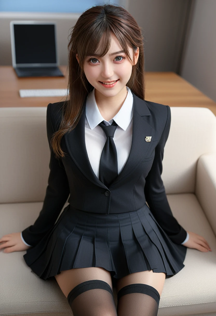 (masterpiece, Highest quality), (RAW Photos:1.2), (Realistic:1.4), Beautiful detailed girl, Very detailed eyes and face, Beautiful attention to detail, Ridiculous, incredibly Ridiculous, Large file size, Very detailedな, High resolution, Very detailed, ((Office Suits, Black Skirt)), Seductive eyes, Cute Smile, Face Focus, View your viewers, figure, Very detailed, CG, Unified, 8k wallpaper, wonderful, The finer details, Very detailed CG Unified 8k wallpaper, Face Light, Cinema Lighting, One person, 22 years old, ((Beautifully detailed feet)), ((Dynamic pose))), (half), (pantyhose), (Lie on the sofa with your knees and legs bent)), Realistic face:1.3, Realistic skin:1.6,