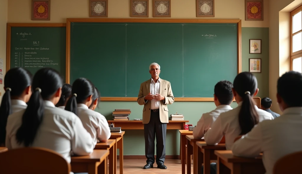 A teacher who is teaching 20-22 year old students, in Indian environment. "The classroom environment is like a traditional Indian school, with blackboard, wooden desks, and students in traditional Indian school uniforms."