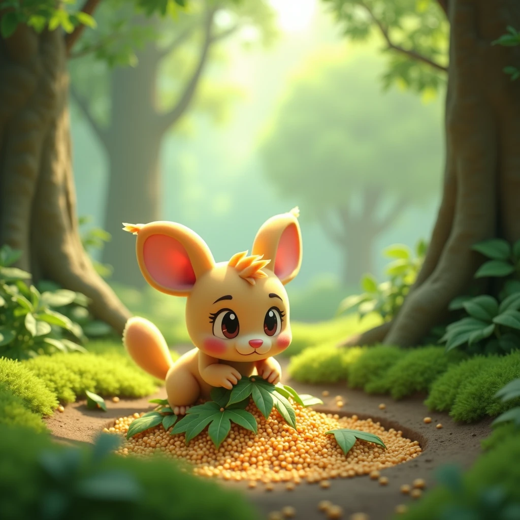 3d animation style
Minni covering the pit with leaves and some rice grains, hiding it from view.