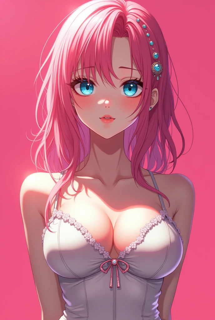 detailed aqua eyes, pink hair, (aqua eyes), Official art, Unity 8k Wallpaper, Ultra-detail, Beautiful and aesthetic, masterpiece, Best Quality, 1girl, ((big tits)), Extremely detailed, elegant, vivd color, romanticism, arms behind back, street fashion, shiny skin, sexy pose, ((pink background)), heavy blushing, upper body, straight on, (cleavage), funky graphic design, (((anime style))), portrait, 