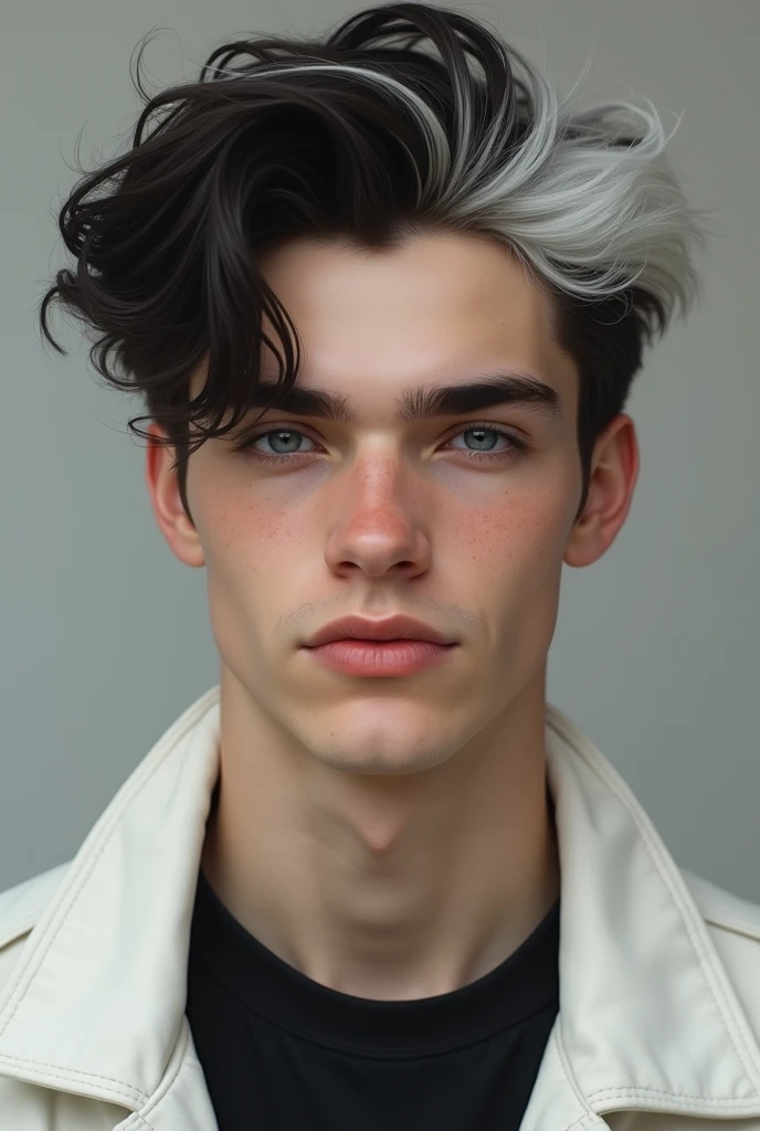 European Italian
18 year old boy with pale white skin, blue eyes, black hair with a lock of white hair, serene and calm look, wearing a white jacket with a black shirt, realistic style