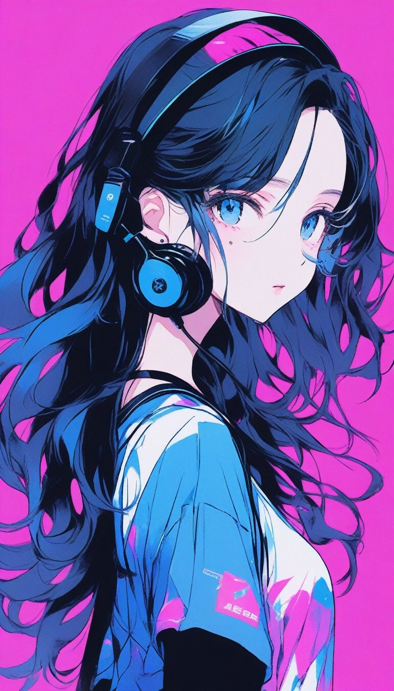 ((masterpiece,Highest quality)), 8k, anime , Realistic ,sketch, anime風のポートレート, (((黒猫を連れたanimeの女性))), 20-year-old, Blue gradient background, Tank Top T-Shirt, Neon long hair, lip, Big eyes, Wear headphones, Texture Trim, Canadian, Upper Body, (masterpiece,Highest quality)