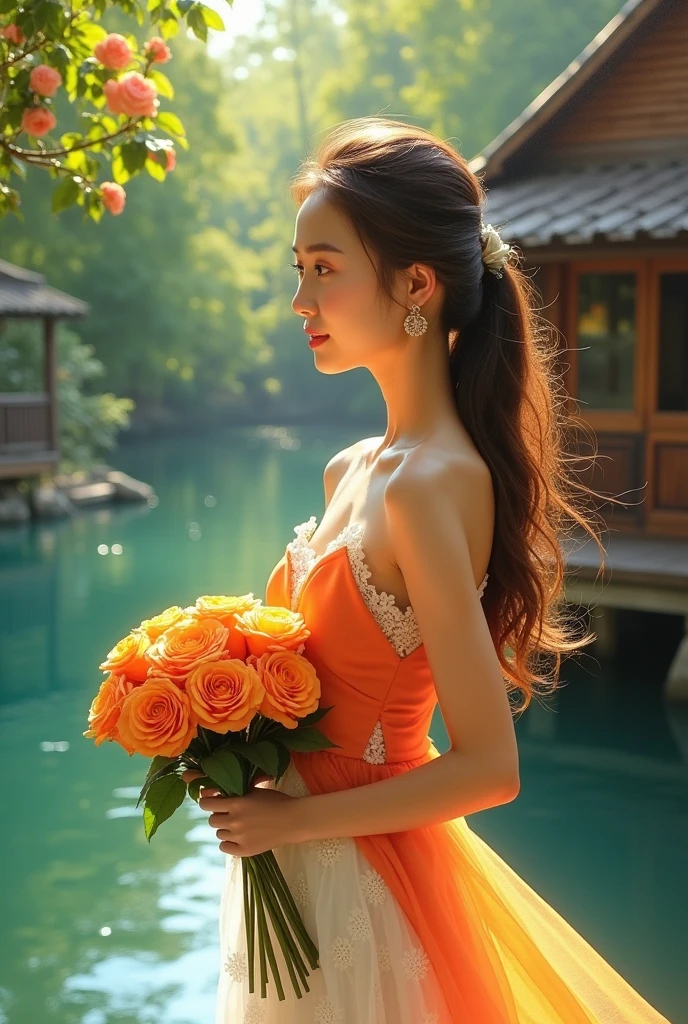 full lenght hiper 2k in the wind of a beautiful Thai woman, sweet and gentle, 20 years old, long brown hair tied up halfway, wearing an orange sleeveless dress, a white lace skirt, holding a beautiful bouquet of orange roses, the light is glowing and sparkling, the beauty of the morning sunlight, a scene of a Thai house by the water, a fresh and green atmosphere, an oil painting, an oil painting, a three-dimensional painting, an art painting by Professor Chalerm