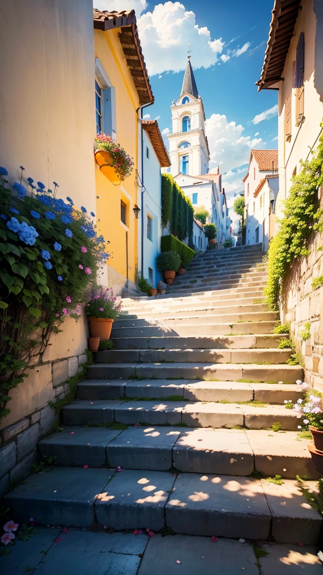 A masterpiece, the best composition, a summer landscape, cinematic light, Greek streets, houses on both sides of a stone staircase, colorful flowerpots in front of a house, a church at the top of the stairs leading to the end of the cobblestones, blue sky, white clouds.