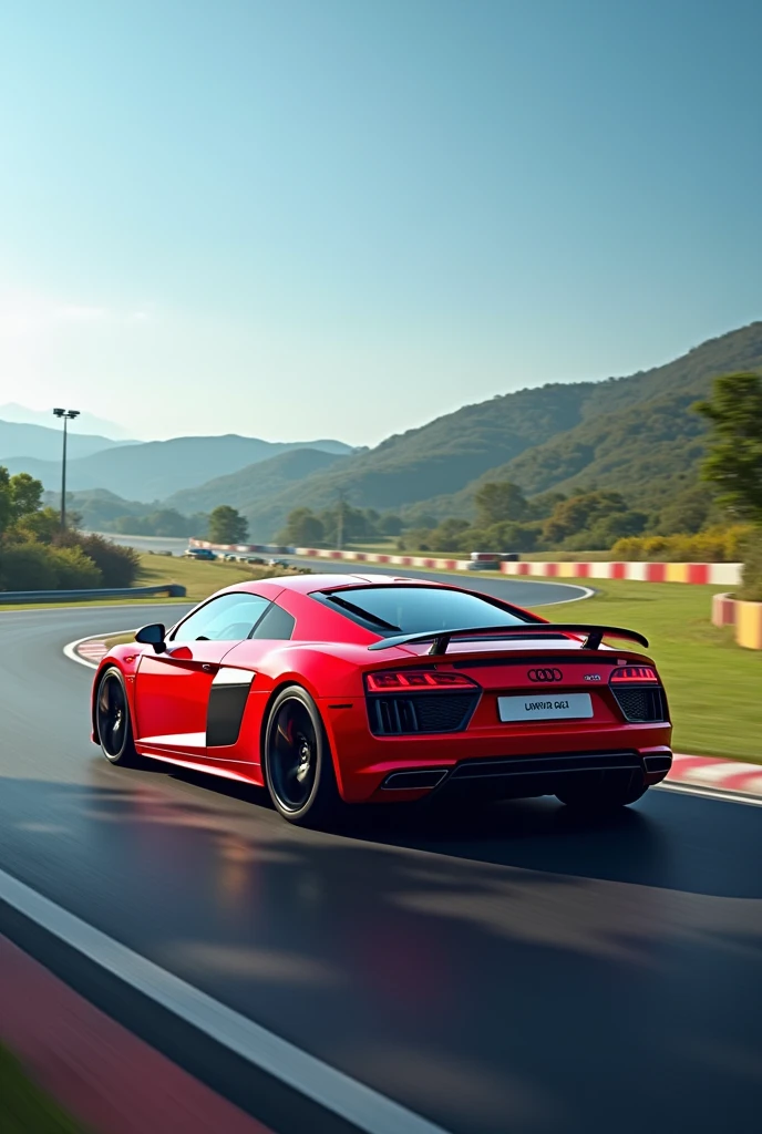 Audi R8 on race track in red colour with India Flag on doors