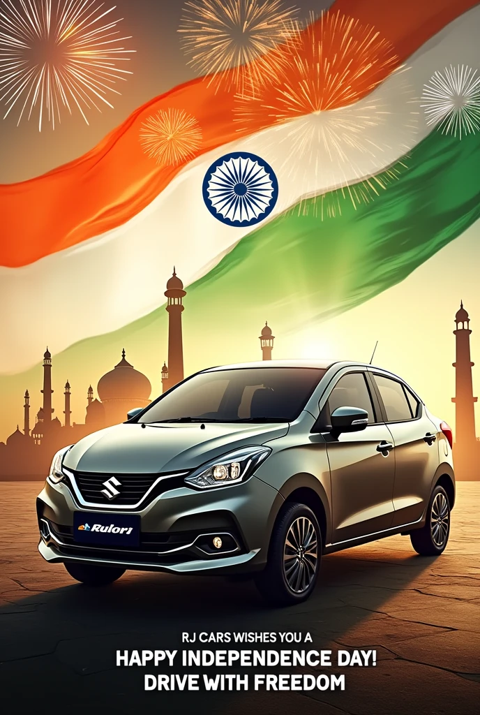 Here's ther version:
"Design a dynamic Independence Day visual for 15th August, featuring a 2023 Maruti Suzuki Baleno from RJ Cars. The car should be prominently displayed with an overlay of the Indian tricolor (saffron, white, and green) and the Ashoka Chakra. Surround the car with a backdrop that includes symbols of India's heritage, like national monuments or a festive sky with fireworks. Include a bold message: 'RJ Cars Wishes You a Happy Independence Day! Drive with FreThe design should be eye-catching and patriotic, ideal for RJ Cars' Instagram page."