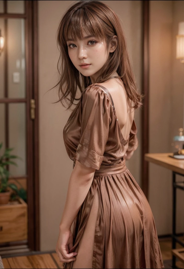 kasumi, eyes browns, (best qualityer, ultra detail), (realisitic:1.37), beautiful and detailed face, ultra-realisitic texture, Exquisite face, Delicate body, red lipgloss stick, shiny colors. High definition, 8k, expression a slight cute smile