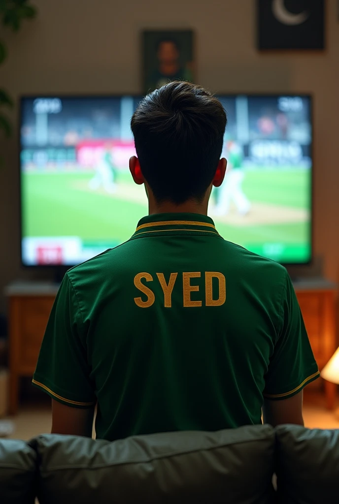 A man watching cricket on TV match with Pakistani shalt Write SYED on the back of shalt