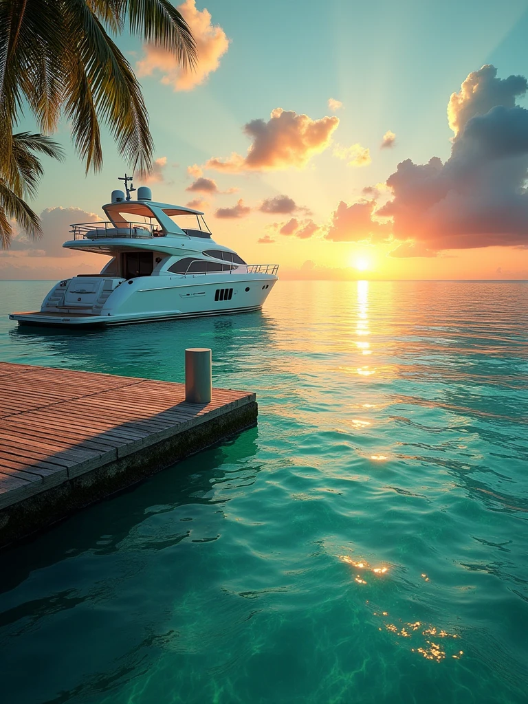 Caribbean Sea with clear turquoise waters with emerald green reflections. In the foreground a yacht anchored to a wooden pier and in the background the sun setting