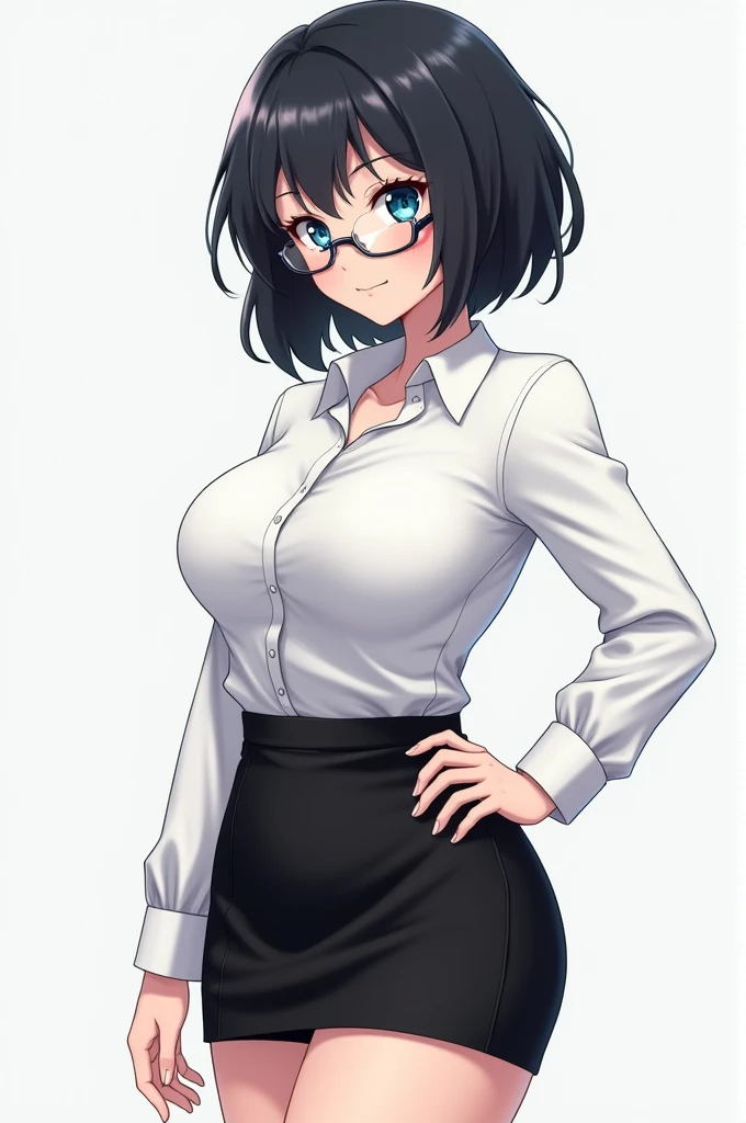 Anime girl with big ass and busty short black hair beautiful with glasses white shirt black skirt blue eyes