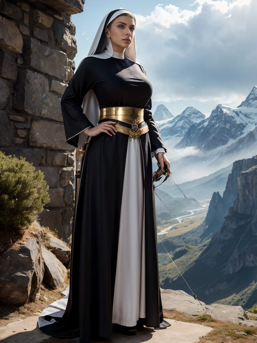 (masterpiece, top quality, best quality, official art, beautiful and aesthetic:1.2), (1girl:1.3), ((Sharp facial features, sharp features, hawkish features)), ((grey eyes)), busty paladin knight girl, extremely detailed, portrait, looking at viewer, solo, (full body:0.6), detailed background, full-body shot, (cold mountain nighttime glacier theme:1.1), holy knight, (nun), charlatan, smirk, mysterious, swaying in mountains, armor, polished metal, gold trim, long boots, white fabric, pelvic curtain, robe, pale leather, ((((nun, crossbow, heavy armor, armored, long legs, robes, prayer scrolls, toned, muscular)))), slim waist, slim hips, long legs, medieval (mountain exterior:1.1) background, dark mysterious lighting, shadows, magical atmosphere, dutch angle