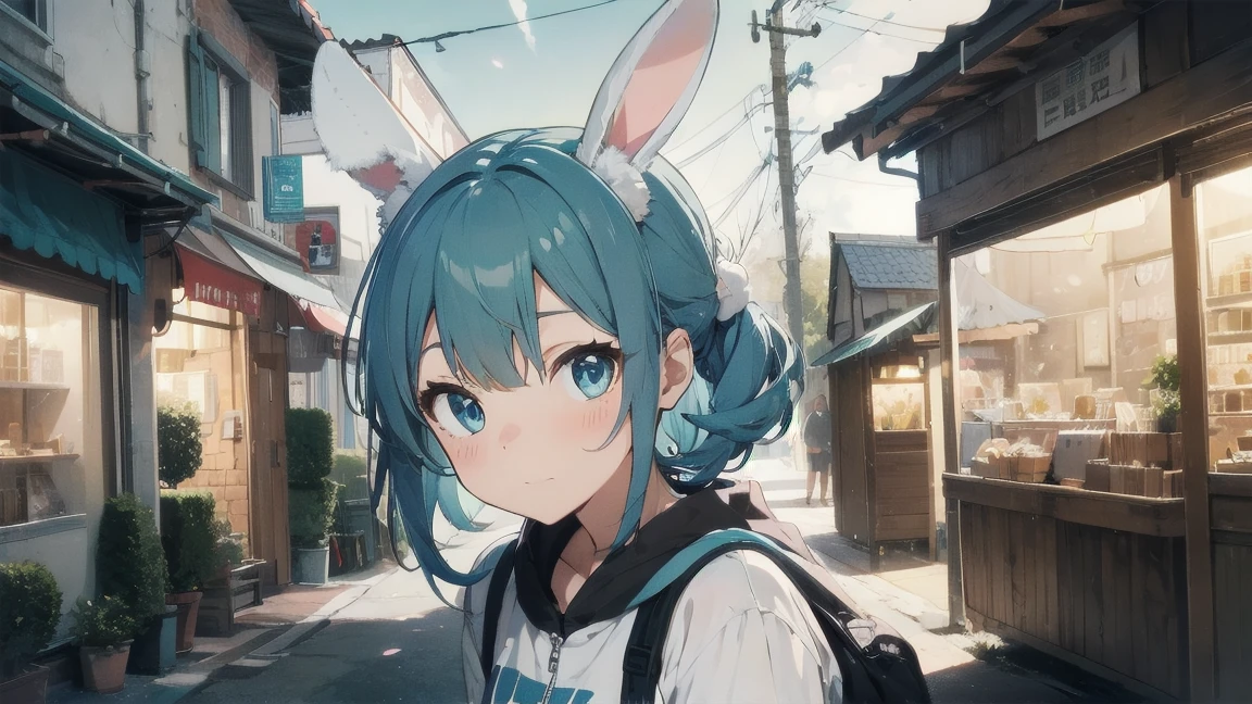 Highest quality, cute, pastel colour, Fluffy white bunny ears, Blue colored hair,Blue colored eyes,Lo-Fi、Chillhop
