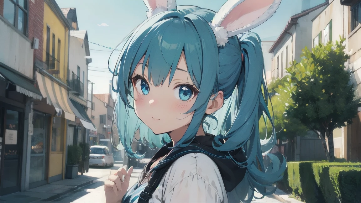 Highest quality, cute, pastel colour, Fluffy white bunny ears, Blue colored hair,Blue colored eyes,Lo-Fi、Chillhop