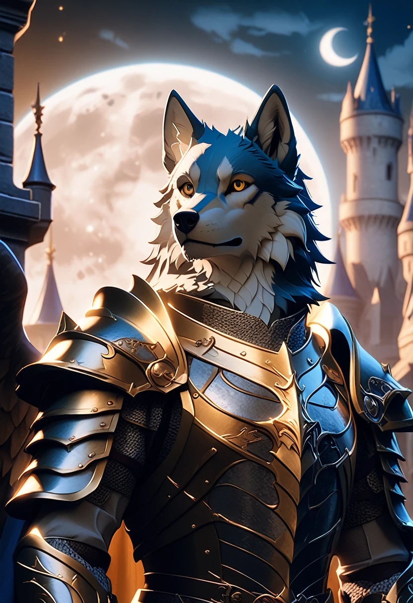 wolf in regal knight armor, 4k, hd, handsome, castle background with moon in the sky