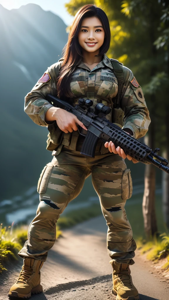 (8K, Raw-Photo, best qualtiy, tmasterpiece:1.2),(realisticlying, photograph realistic:1.4),(Highly detailed CG unity 8k wallpaper),(Round face: 1.5), (detailed pupil:1.3),(Cool Eyes:1.1),(little smile:1.1),(Unforgettable Eyes:1.1),(The eyes are so beautiful:1.1),A young but very beautiful 35-year-old Malay female soldier stands in front of a snowy mountain valley ,K2 rifle in hand,Clothed Malaysia. Army Digital Camo Uniform, strong muscles,Commando Girl, assault rifle, (holding rifle: 1.3), (Aim and hold the rifle...: 1.3),navels, glove, Ripped military pants,