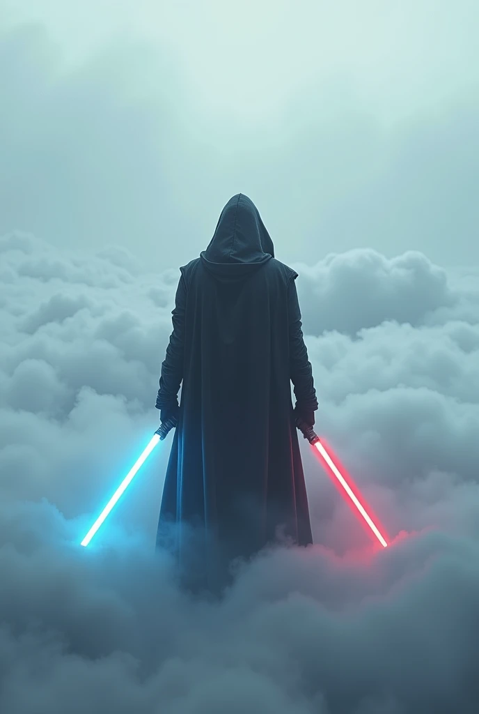 Flat sea of clouds, (Jedi Knight, far away, Back view, Lightsabers, Hooded long coat, cool), grow
