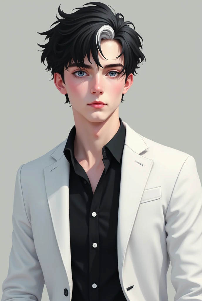 European Italian
16 year old boy with pale white skin, blue eyes, black hair with a lock of white hair, serene and calm look, wearing a white jacket with a black shirt, realistic style